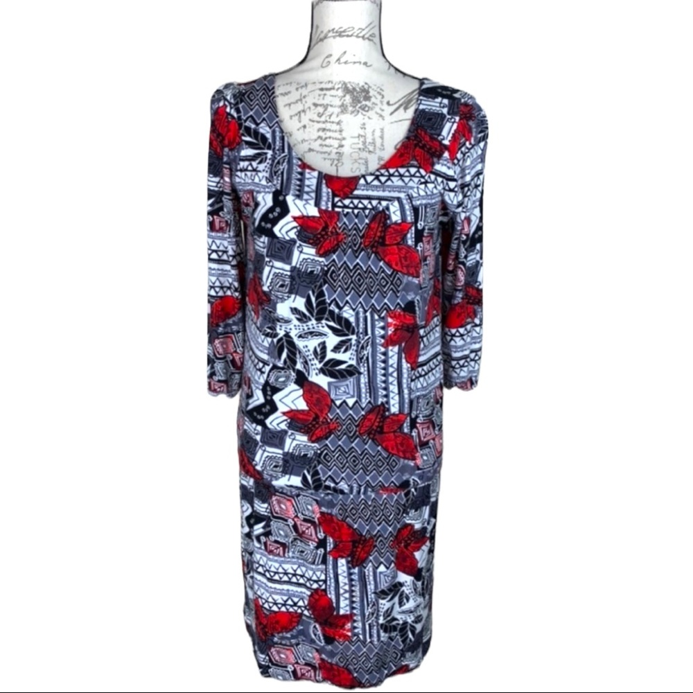 BCBG MAXAZRIA Sheath Dress Long Sleeve Geometric Mixed Print Easy Wear Fall